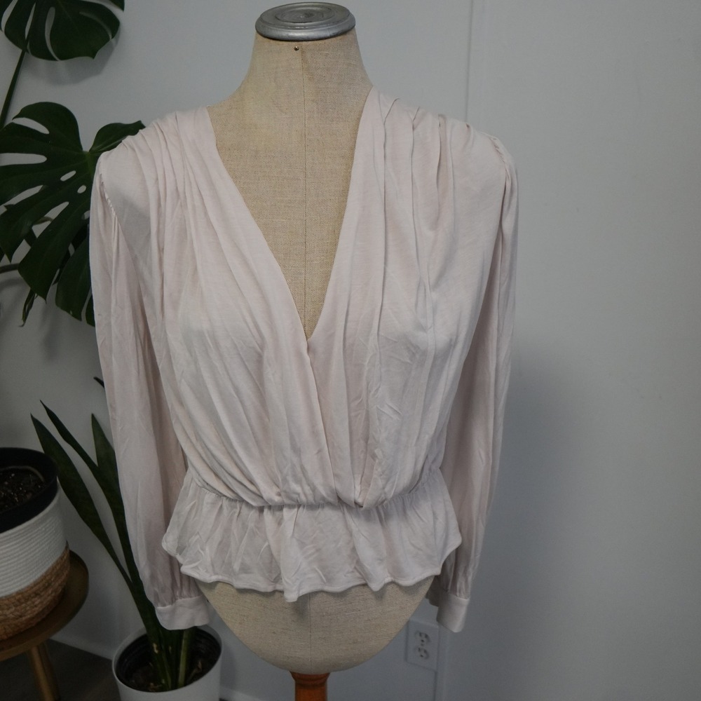 Babaton Surplice Blouse Womens Small Pink Modal V-Neck Peplum‎ Long Sleeve 73938